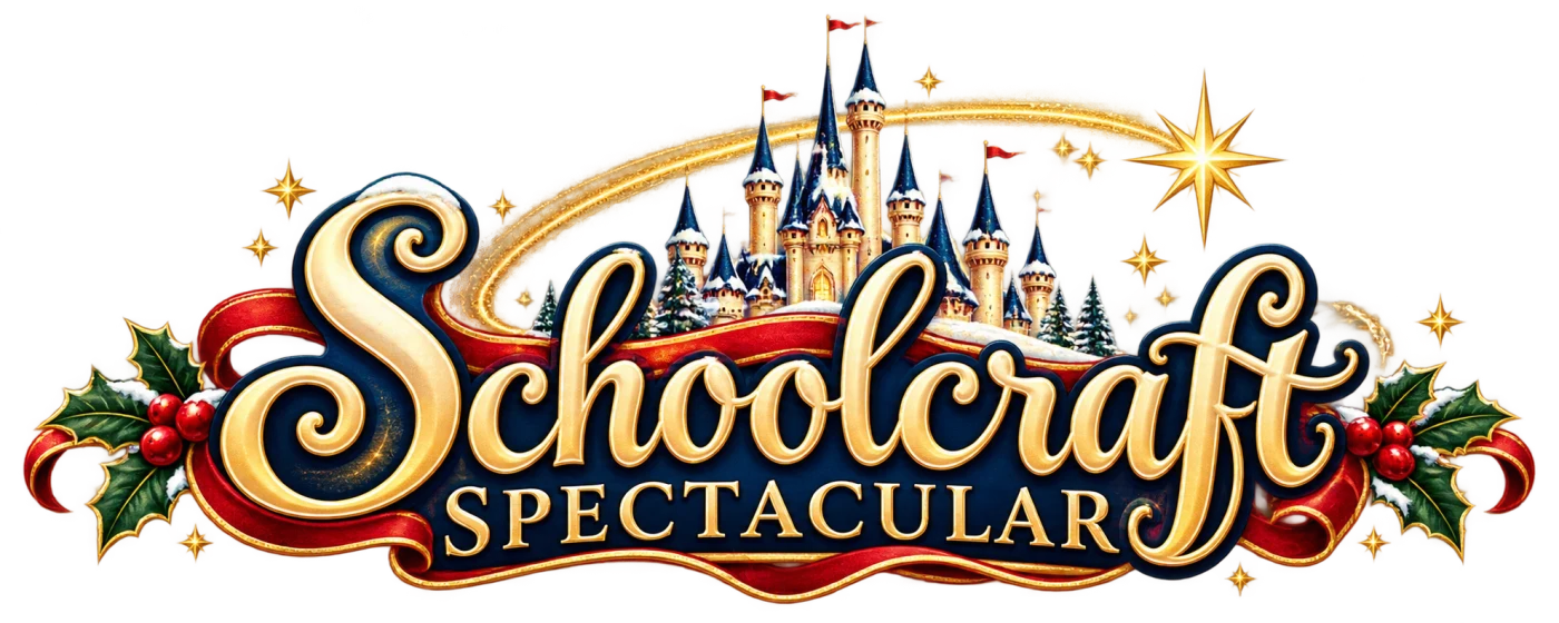 Schoolcraft Spectacular — gold lettering, a snowy castle, stars, holly and red ribbons.