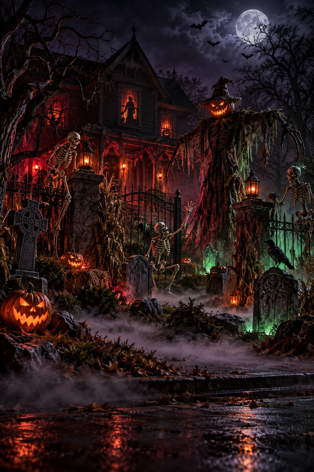 Cinematic 3D illustration of a haunted front-yard display with skeletons, jack-o'-lanterns, a scarecrow, tombstones, bats, and rolling fog at night.