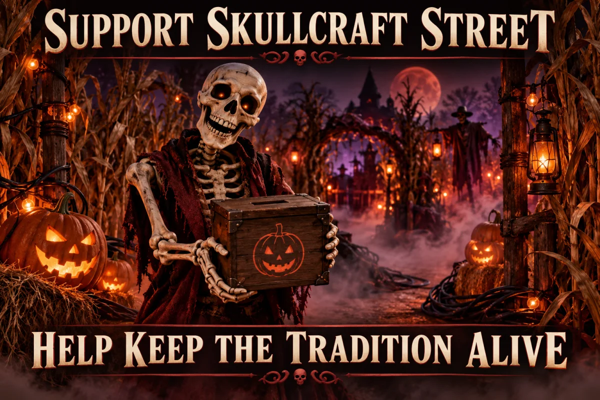 Support Skullcraft Street — Help Keep the Tradition Alive. Illustrated skeleton holding a donation box amid glowing pumpkins and fog.