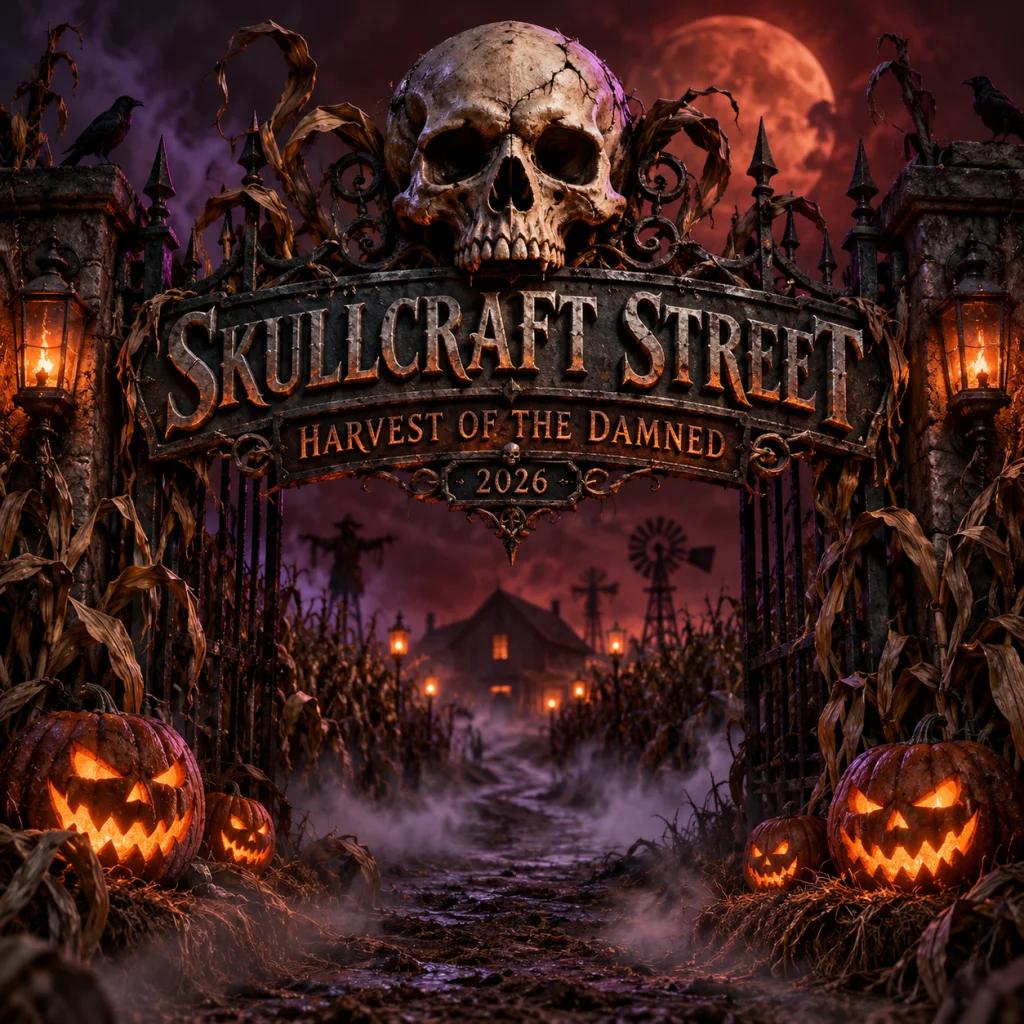 Illustrated Skullcraft Street Harvest of the Damned 2026 artwork with a skull-topped iron gate, glowing pumpkins and autumn fog.