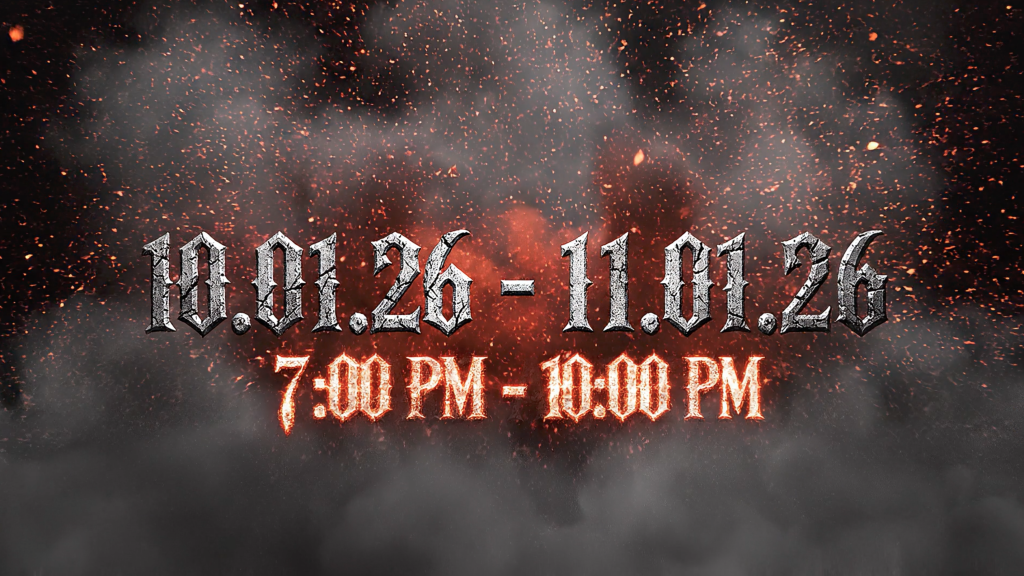 Fiery poster announcing an event with the time 7:00 PM–10:00 PM in bold, gothic-style text.