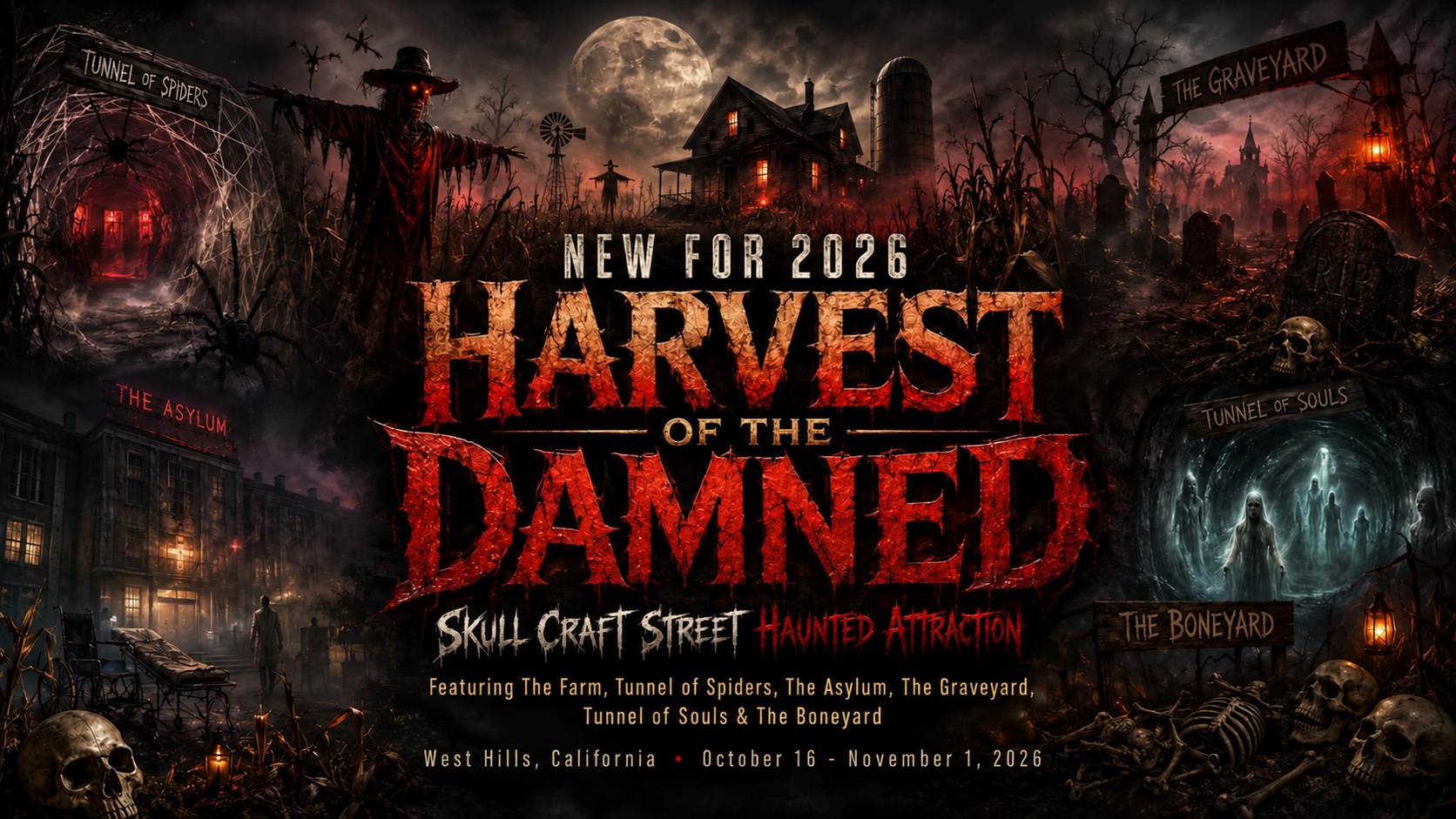 Promotional poster for Harvest of the Damned haunted attraction with a full moon, eerie house, graveyard, and skeletal decor; text reads 'New for 2026 HARVEST OF THE DAMNED'.