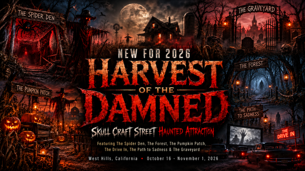 Harvest of the Damned: Skullcraft Street 2026 in West Hills, October 16–November 1. Featuring The Spider Den, The Forest, The Pumpkin Patch, The Drive In, The Path to Sadness, and The Graveyard.