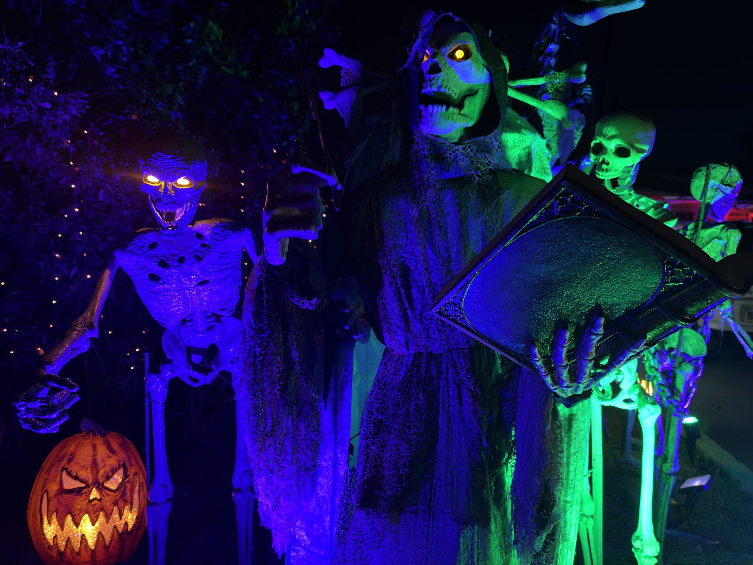 A hooded skeletal storyteller holding a book beside purple- and green-lit skeletons.