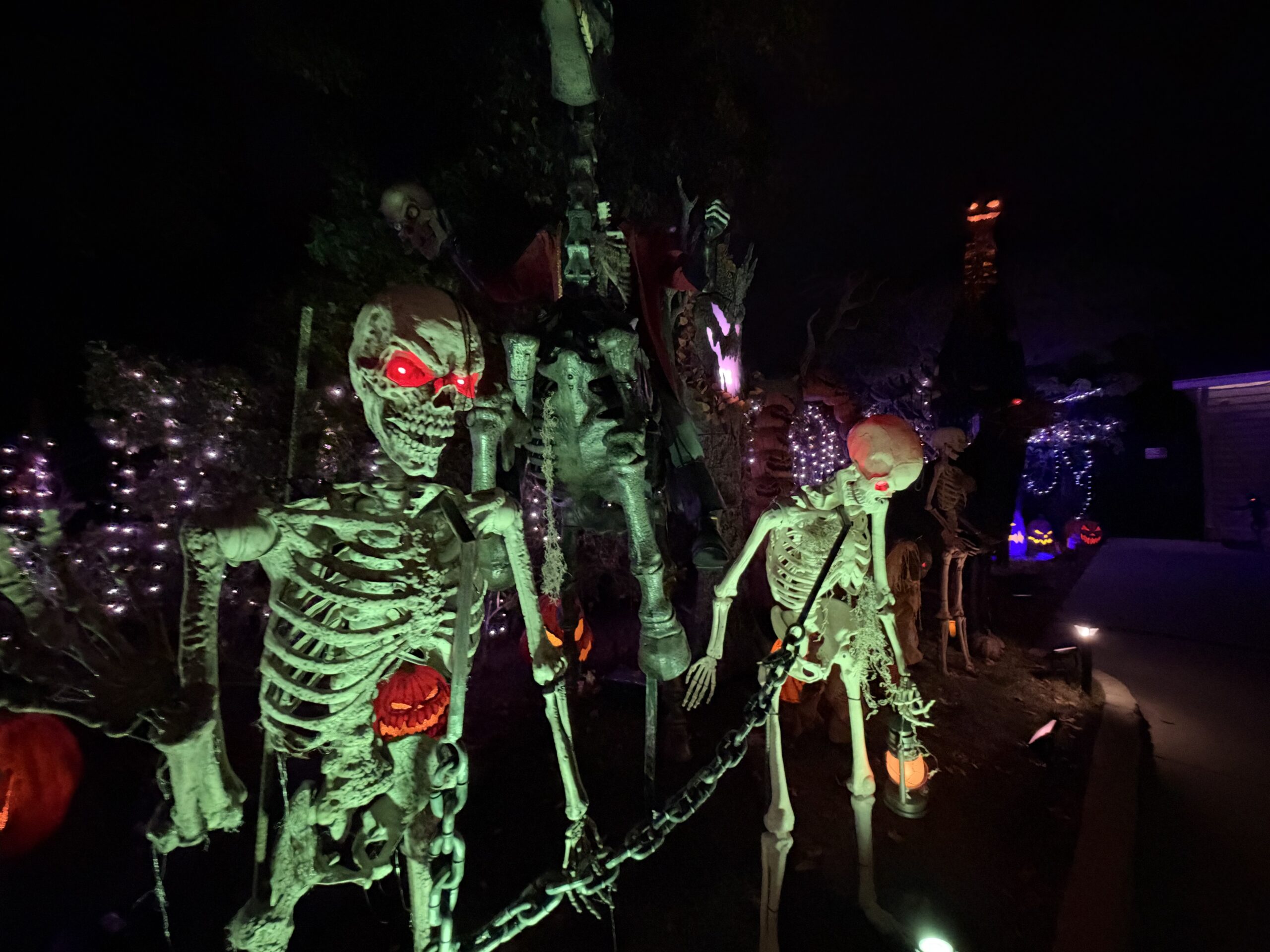 Red-eyed skeletons standing behind a chain with pumpkins and twinkling lights.
